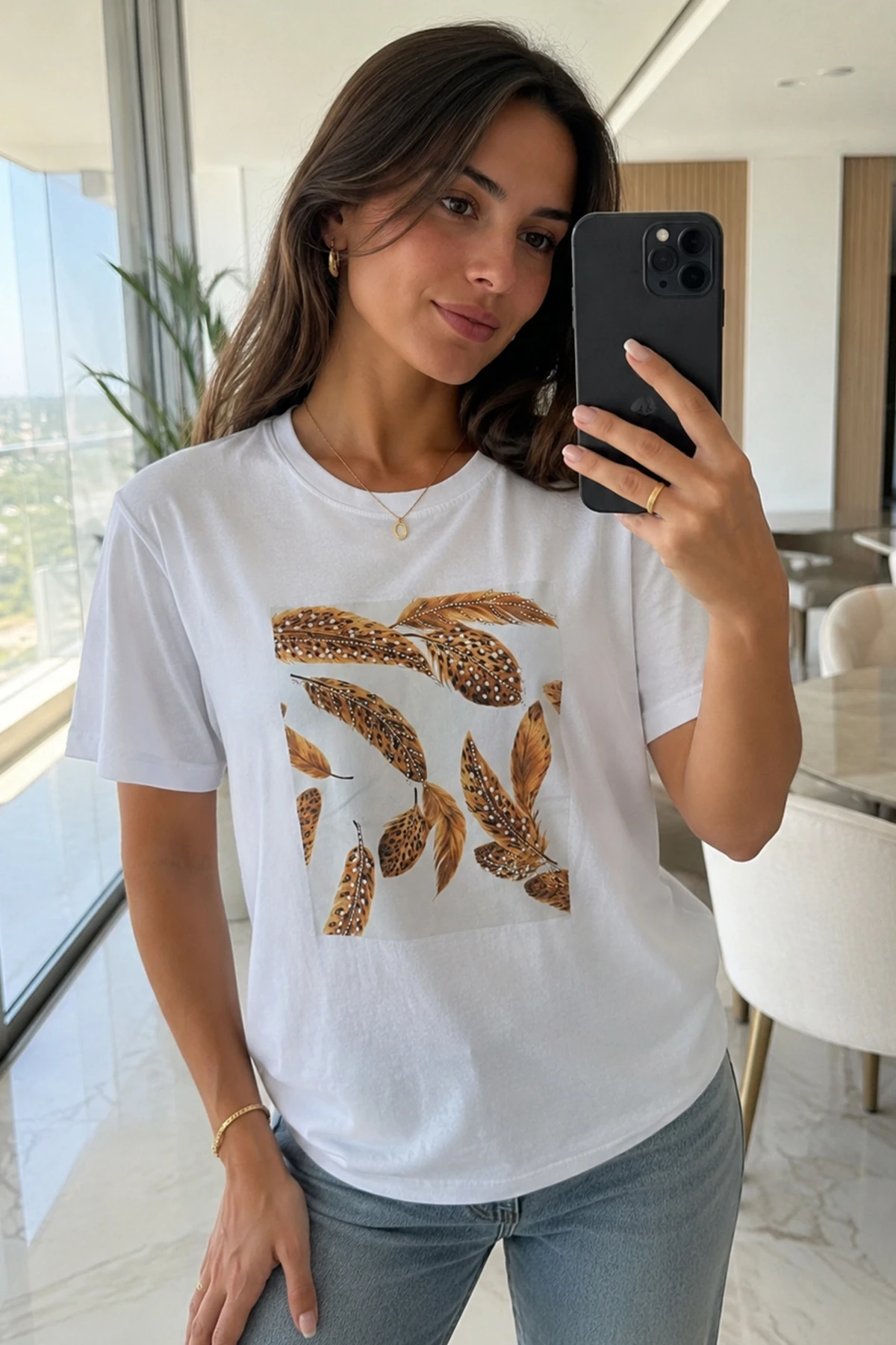 Kadın Kuş Tüyü Baskılı Tshirt
