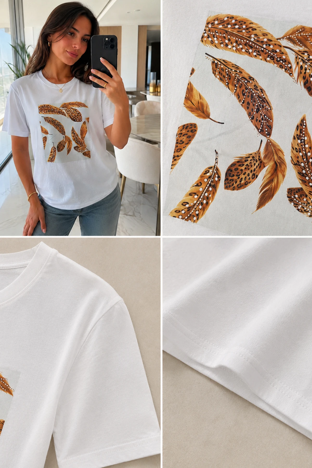 Kadın Kuş Tüyü Baskılı Tshirt