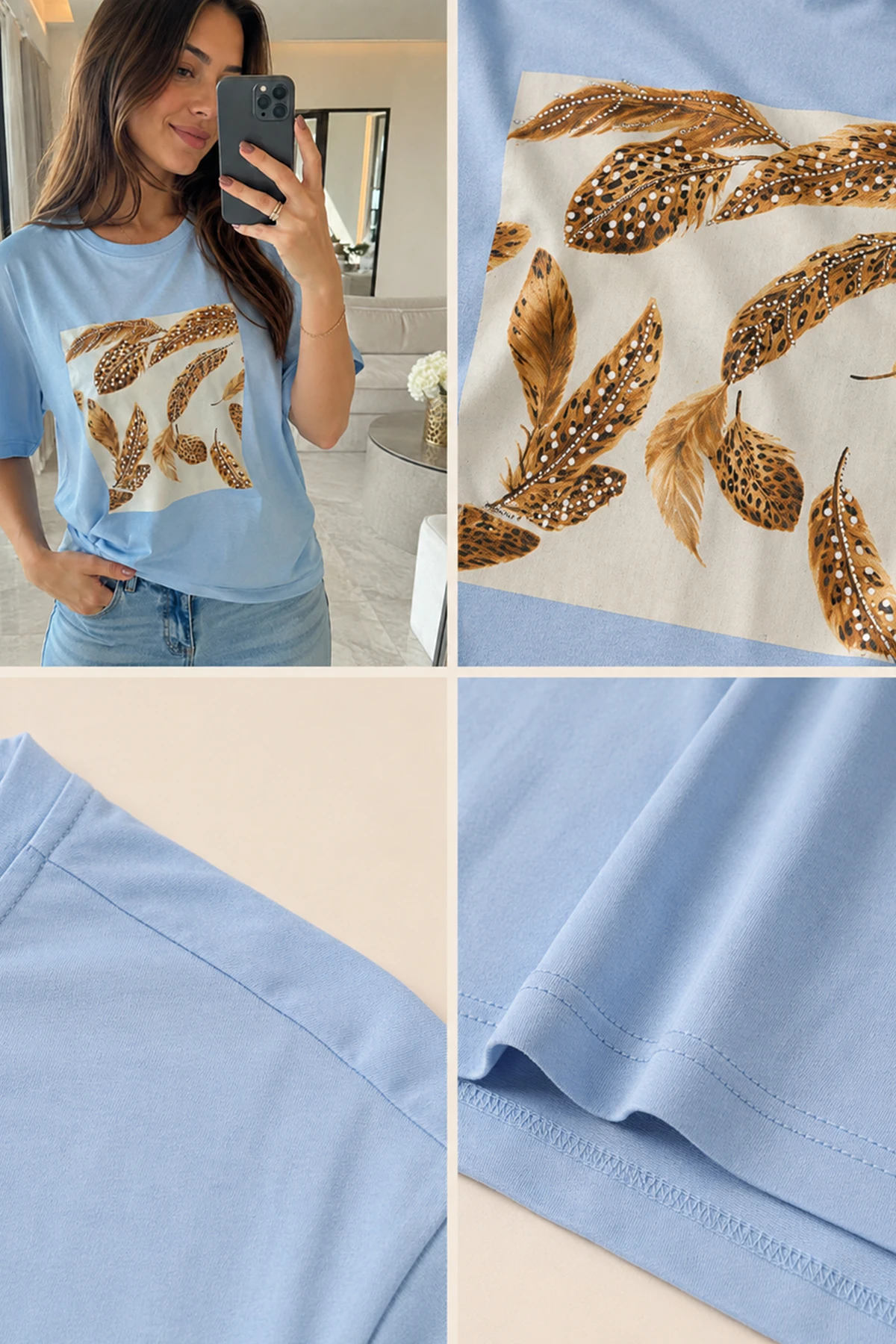 Kadın Kuş Tüyü Baskılı Tshirt