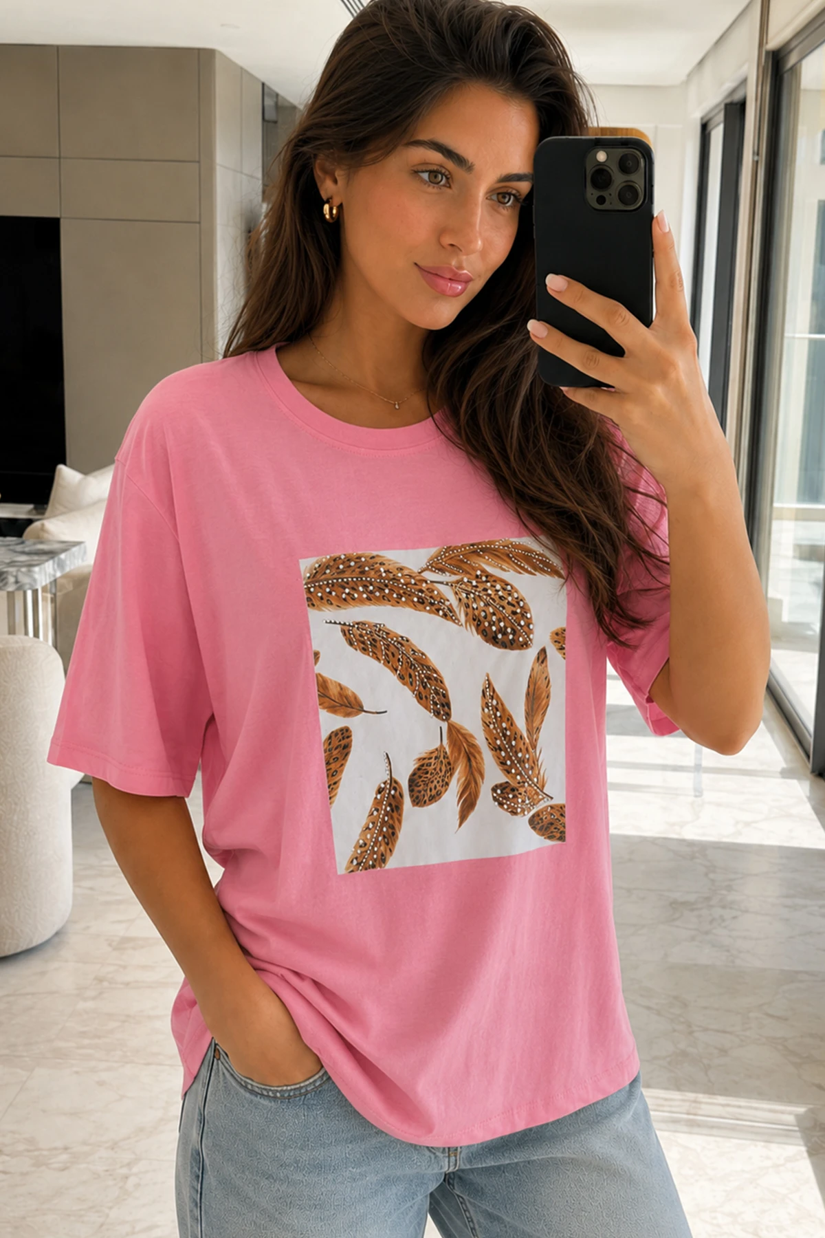 Kadın Kuş Tüyü Baskılı Tshirt