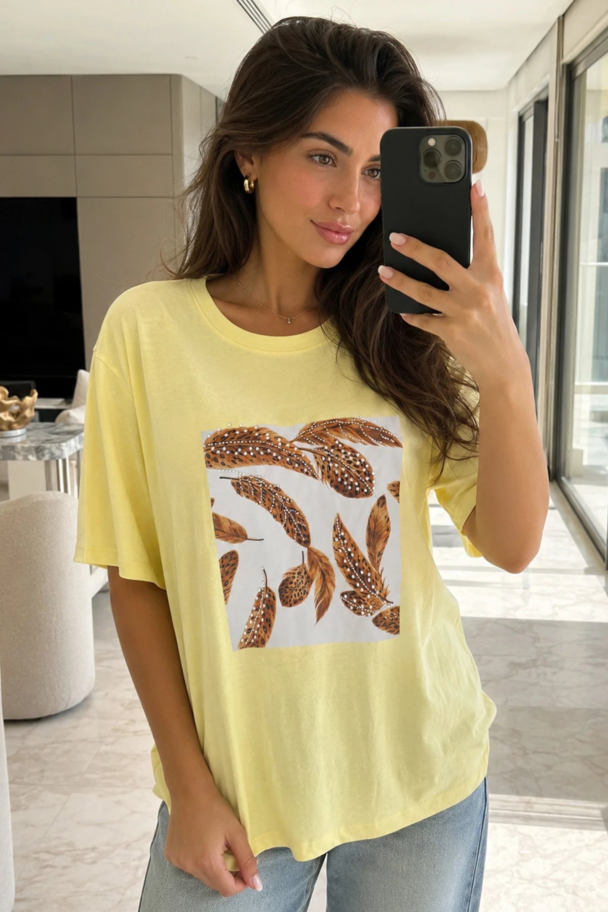 Kadın Kuş Tüyü Baskılı Tshirt