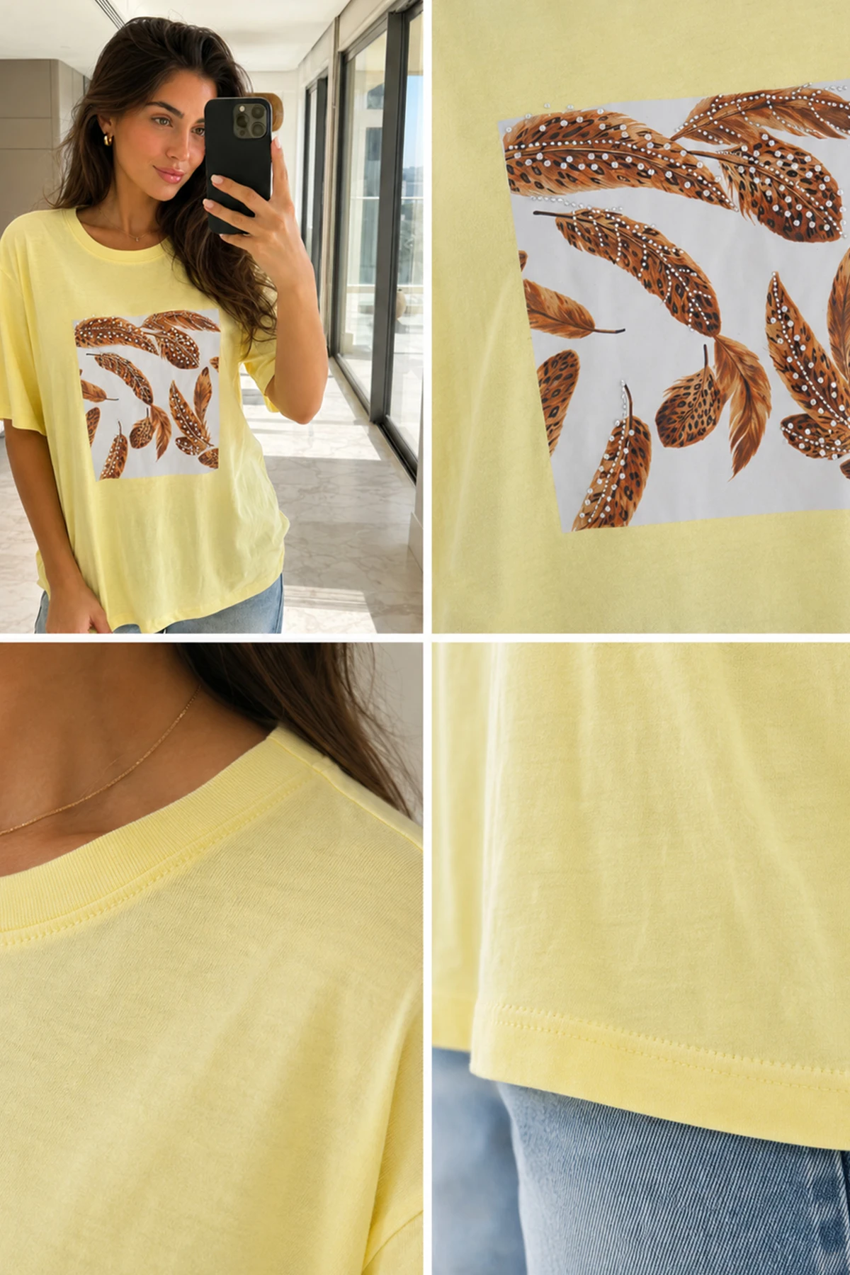 Kadın Kuş Tüyü Baskılı Tshirt