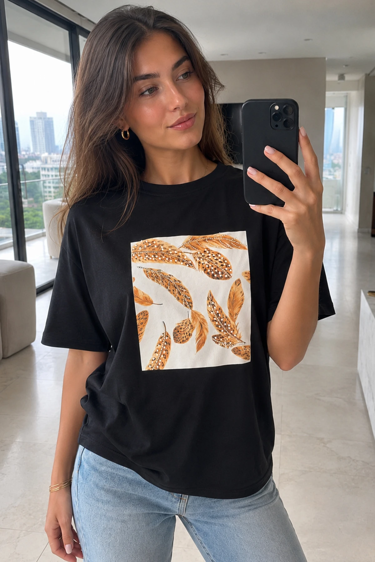 Kadın Kuş Tüyü Baskılı Tshirt