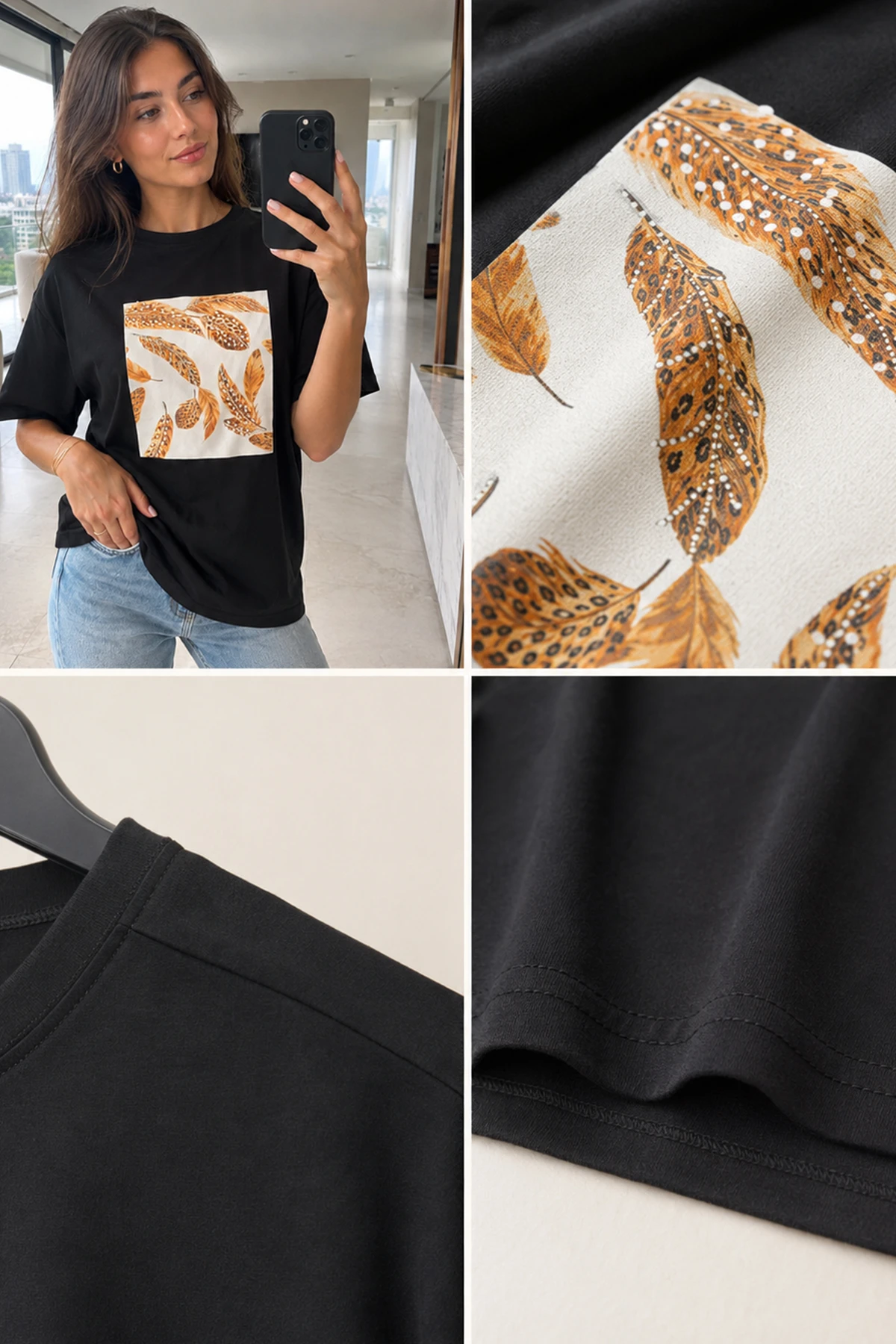 Kadın Kuş Tüyü Baskılı Tshirt