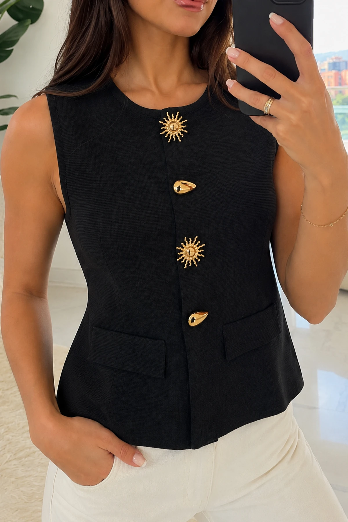 Kadın Güneş Düğmeli Blazer Yelek