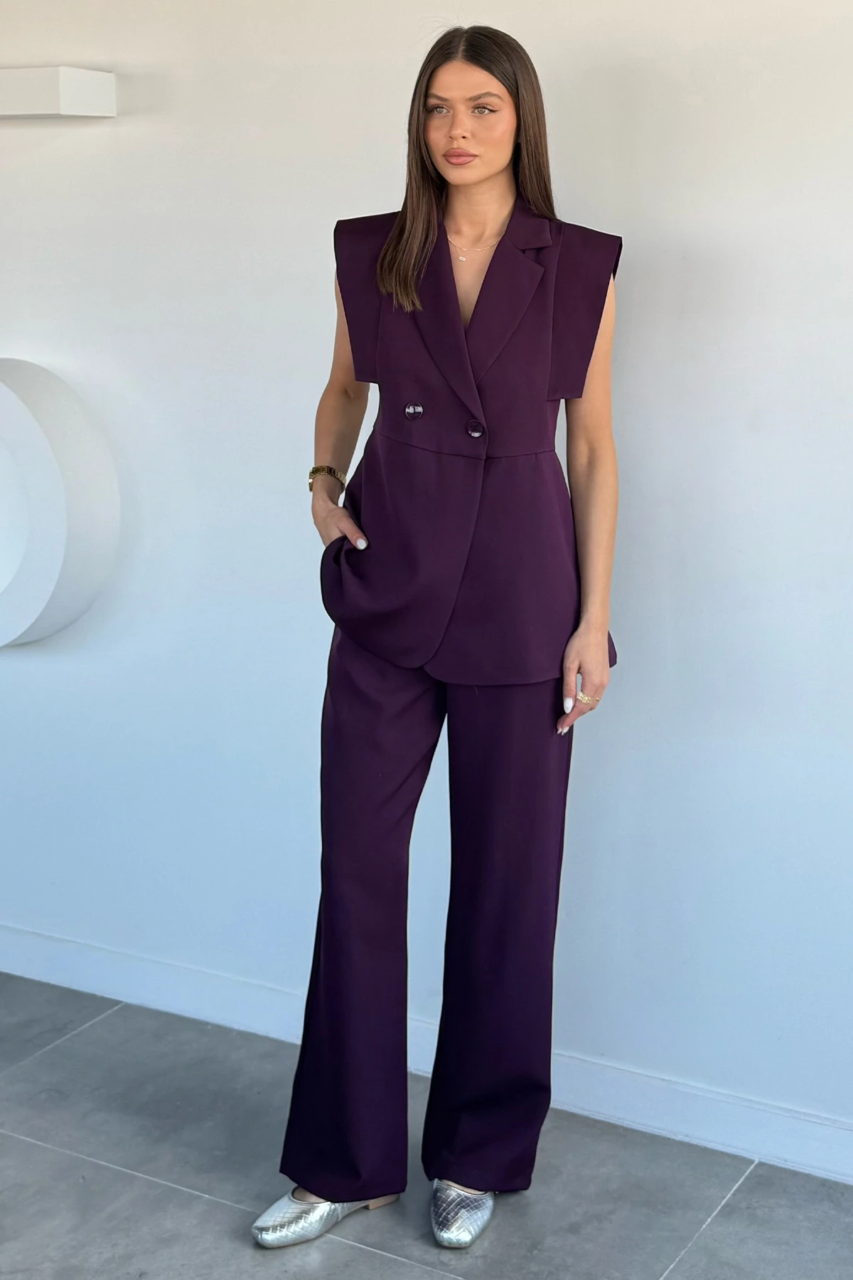 Kadın Kol Detaylı Blazer Yelek Takım