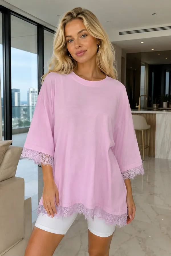 Kadın Kol Ve Etek Ucu Dantelli T-Shirt