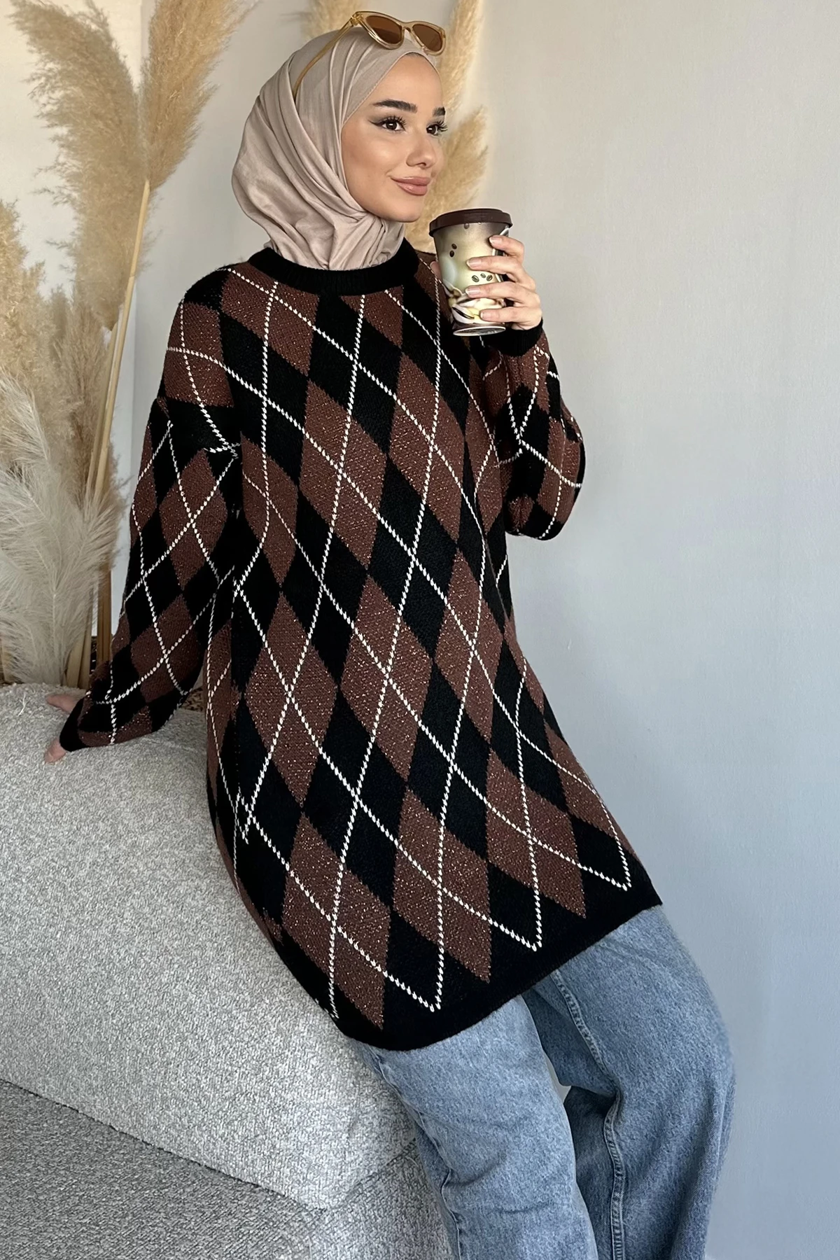 Kadın Baklava Desen Simli Simit Yaka Tunik