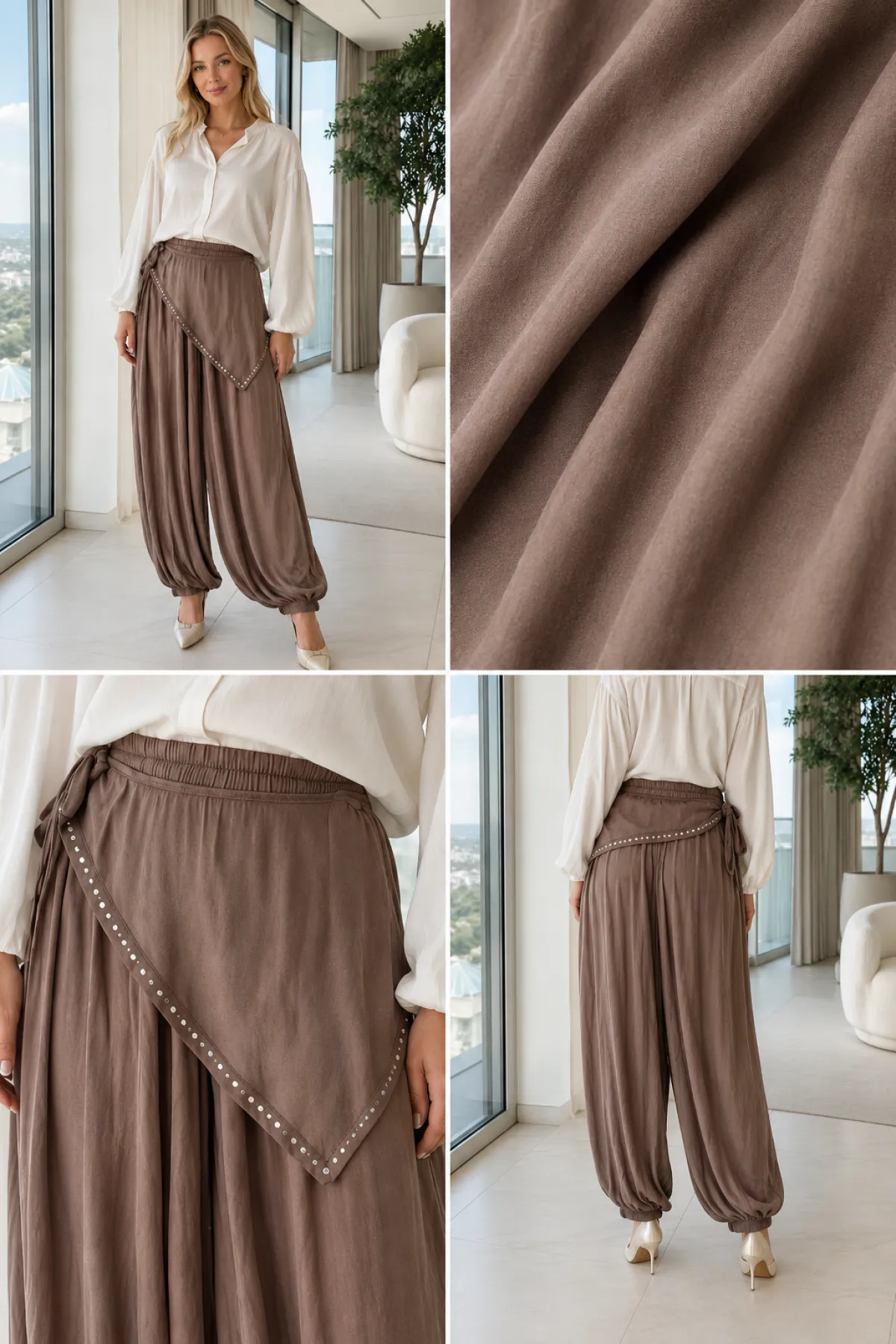 Kadın Belden Bağlamalı Şalvar Pantolon