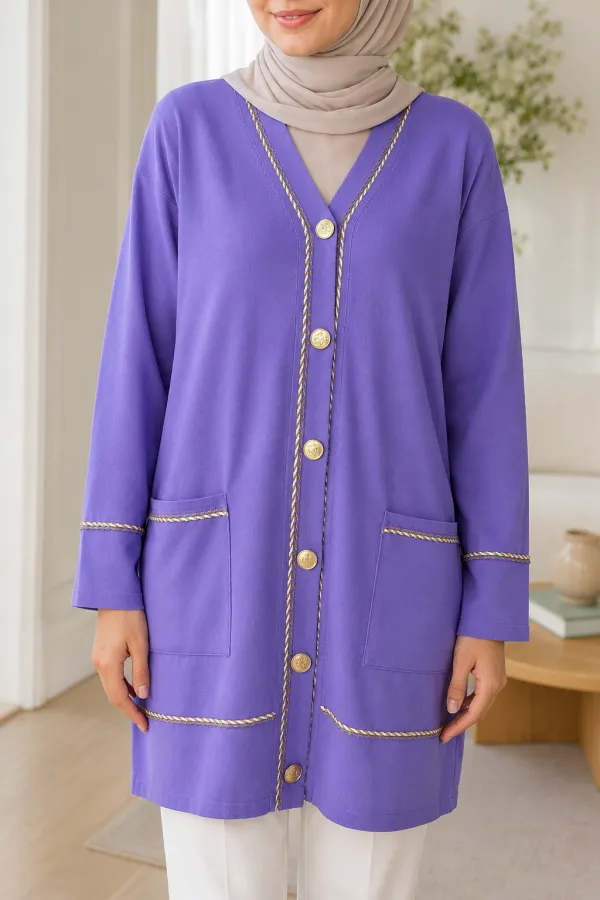 Kadın Düğmeli Çift Cepli Uzun Ceket