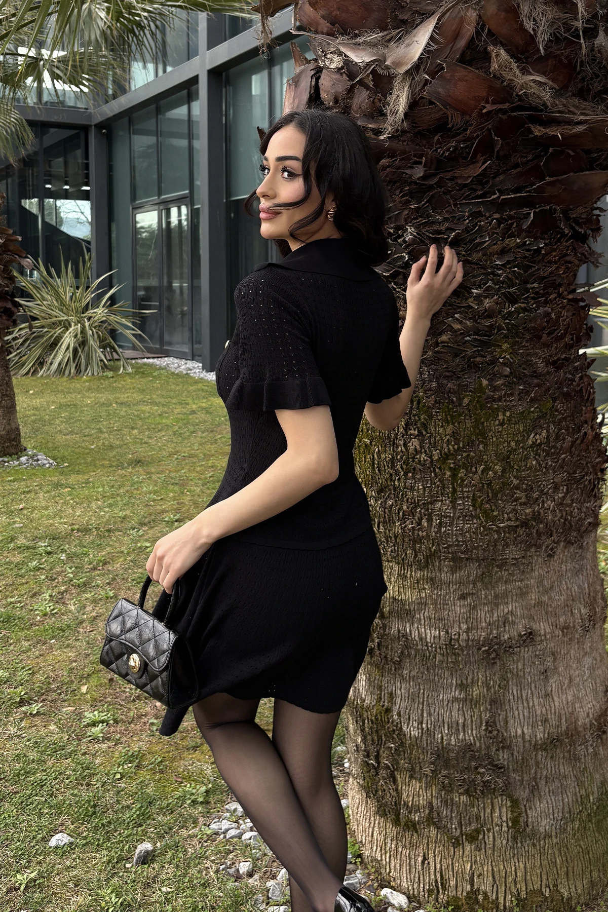 Kadın V Yaka Kısa Kol Triko Elbise 