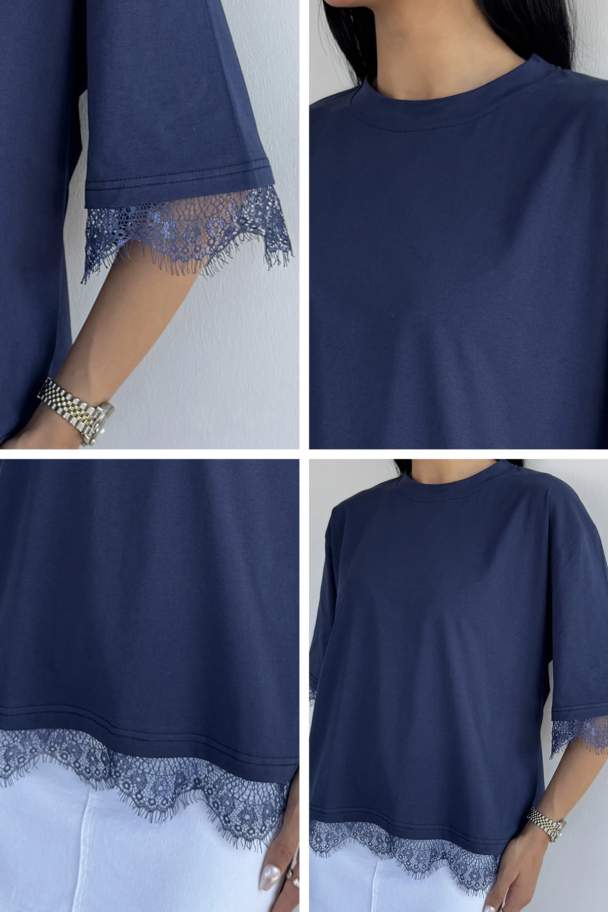 Kadın Kol Ve Etek Ucu Dantelli T-Shirt