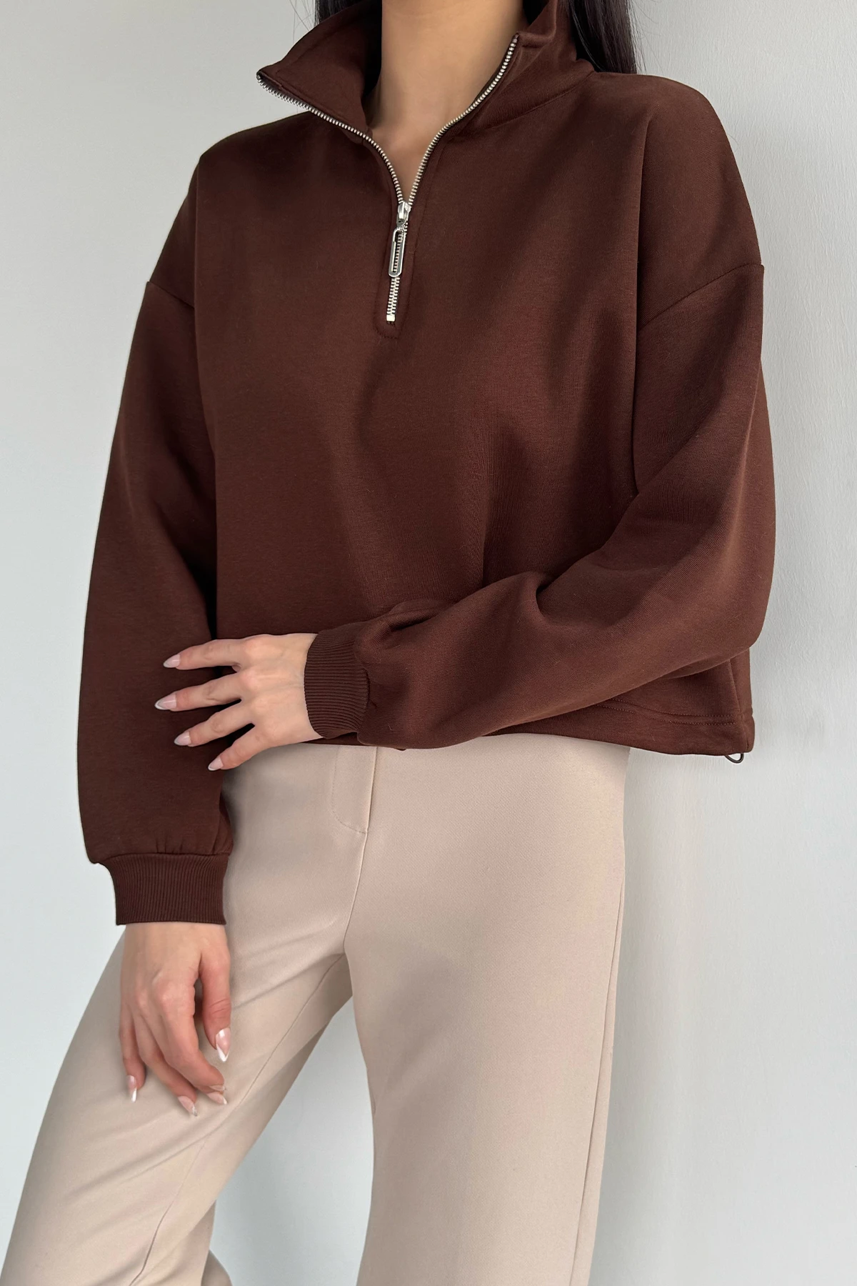 Kadın Bel Büzgülü Kısa Sweat