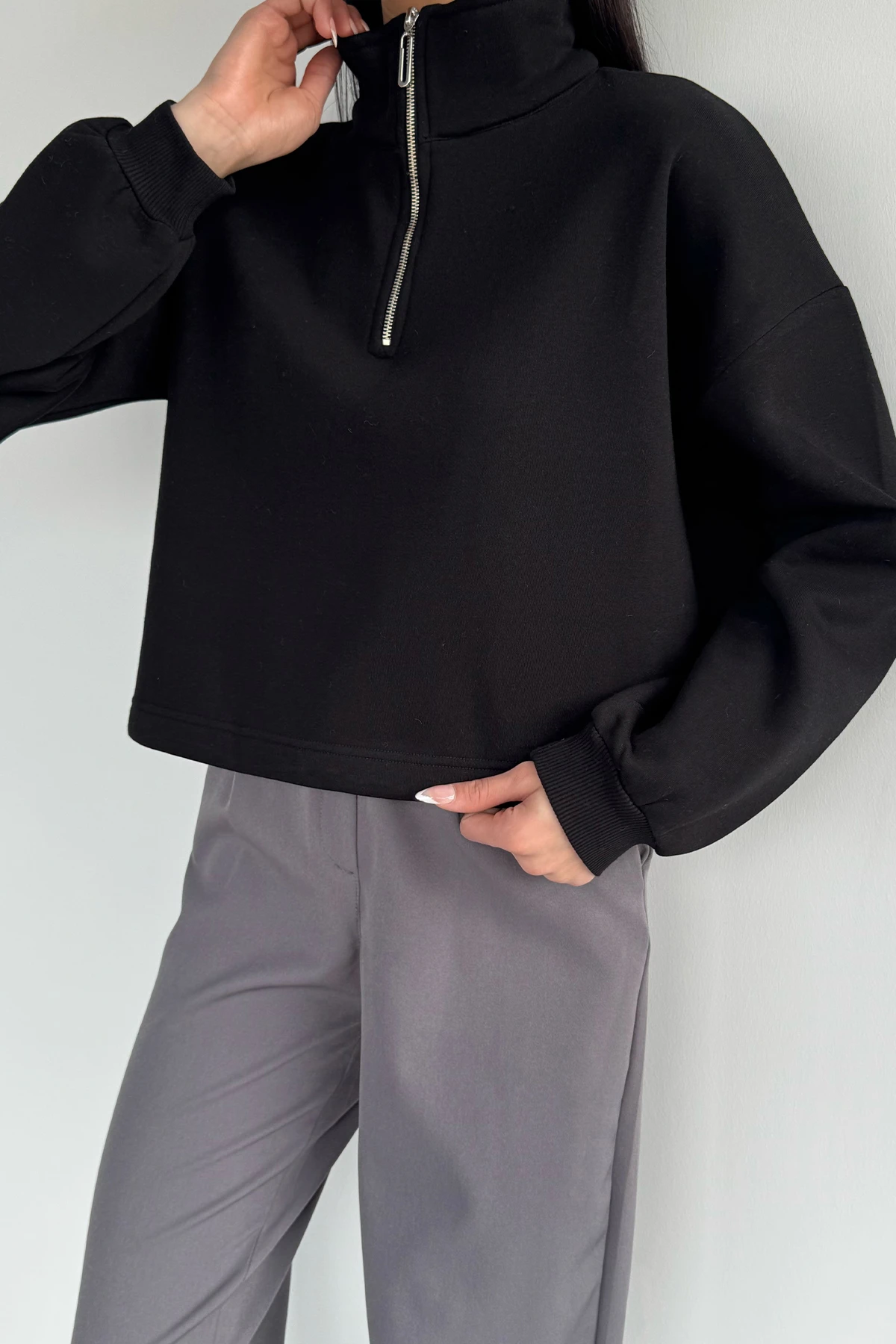 Kadın Bel Büzgülü Kısa Sweat