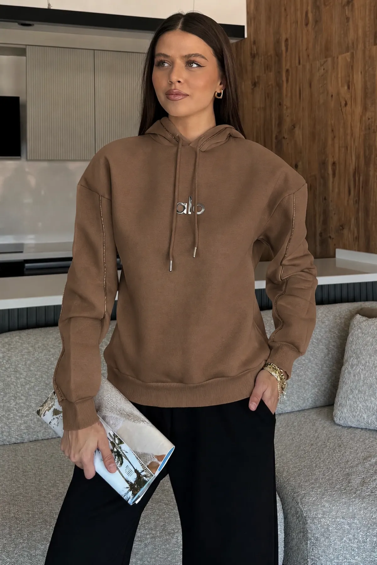 Kadın Alo Baskılı Kapşonlu Sweat