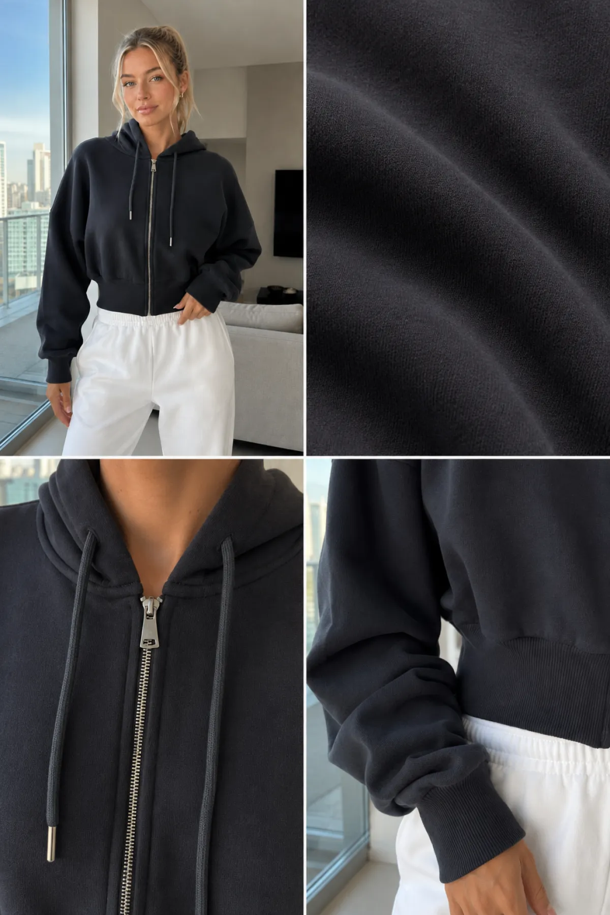 Kadın Kapşonlu Kısa Fermuarlı Sweat