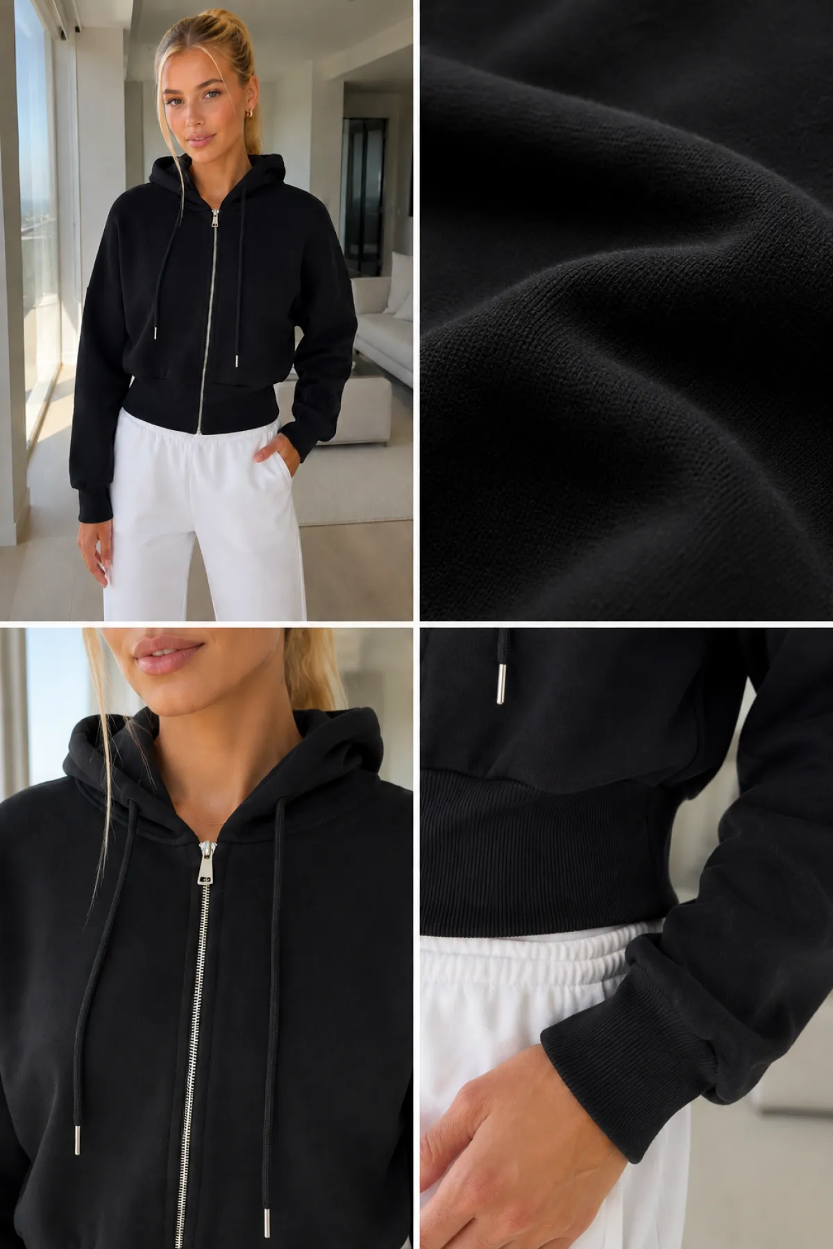 Kadın Kapşonlu Kısa Fermuarlı Sweat
