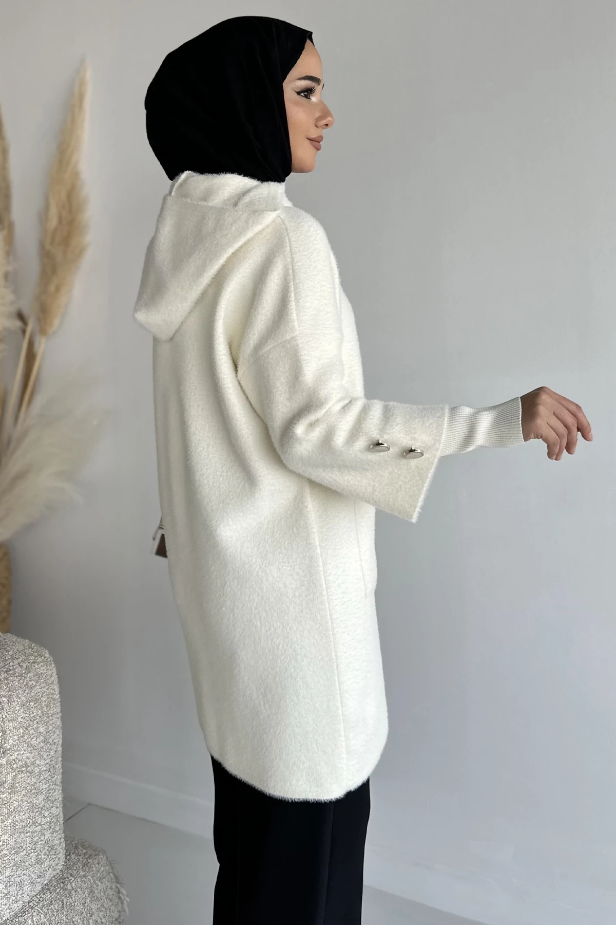 Kadın Kol Düğmeli Fermuarlı Uzun Ceket
