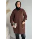 Kadın Kol Düğmeli Fermuarlı Uzun Ceket