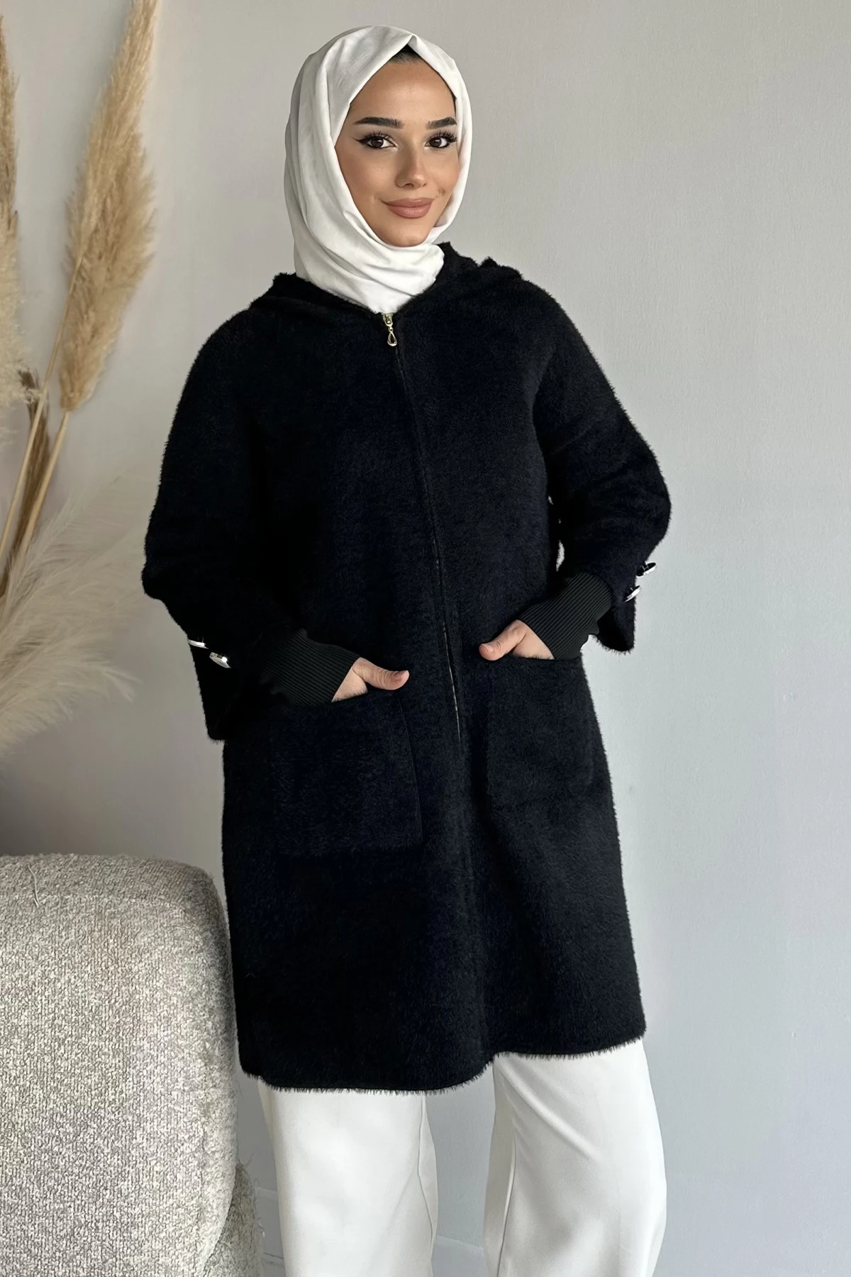 Kadın Kol Düğmeli Fermuarlı Uzun Ceket