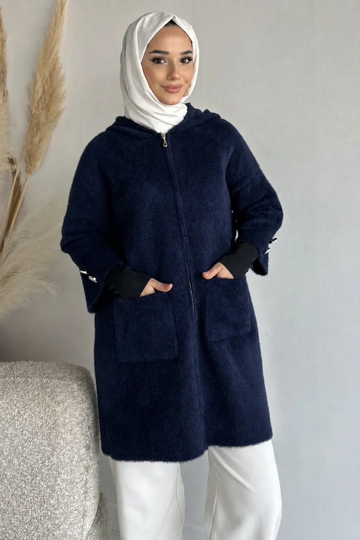 Kadın Kol Düğmeli Fermuarlı Uzun Ceket