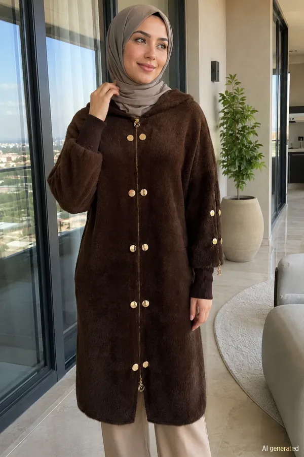 Kadın Fermuar Ve Düğme Detaylı Uzun Ceket