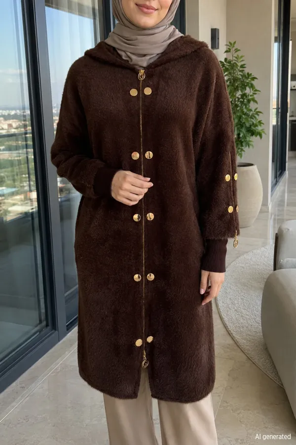 Kadın Fermuar Ve Düğme Detaylı Uzun Ceket