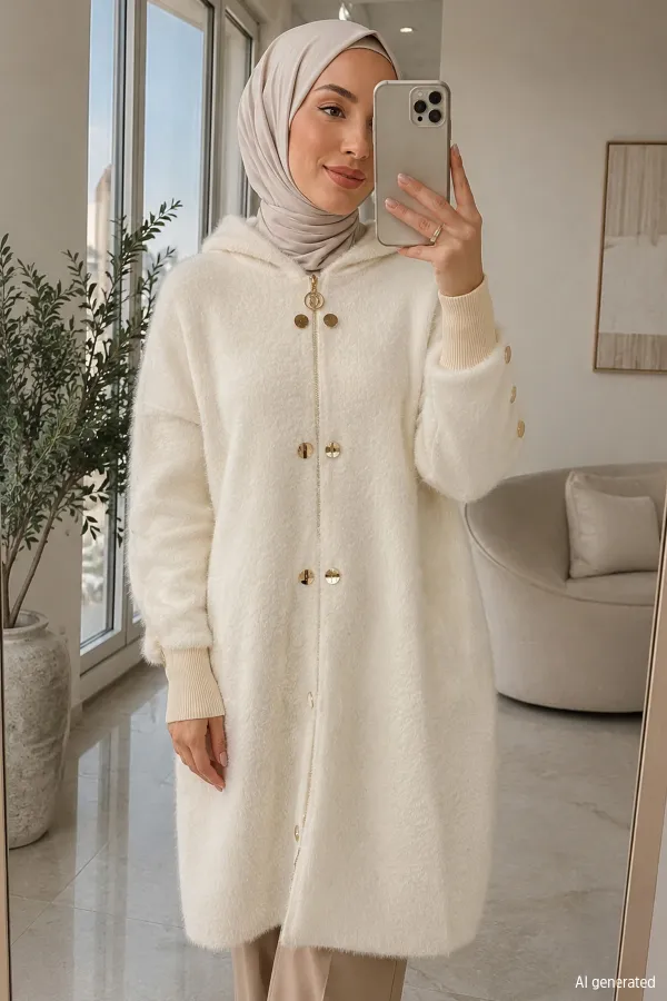 Kadın Fermuar Ve Düğme Detaylı Uzun Ceket