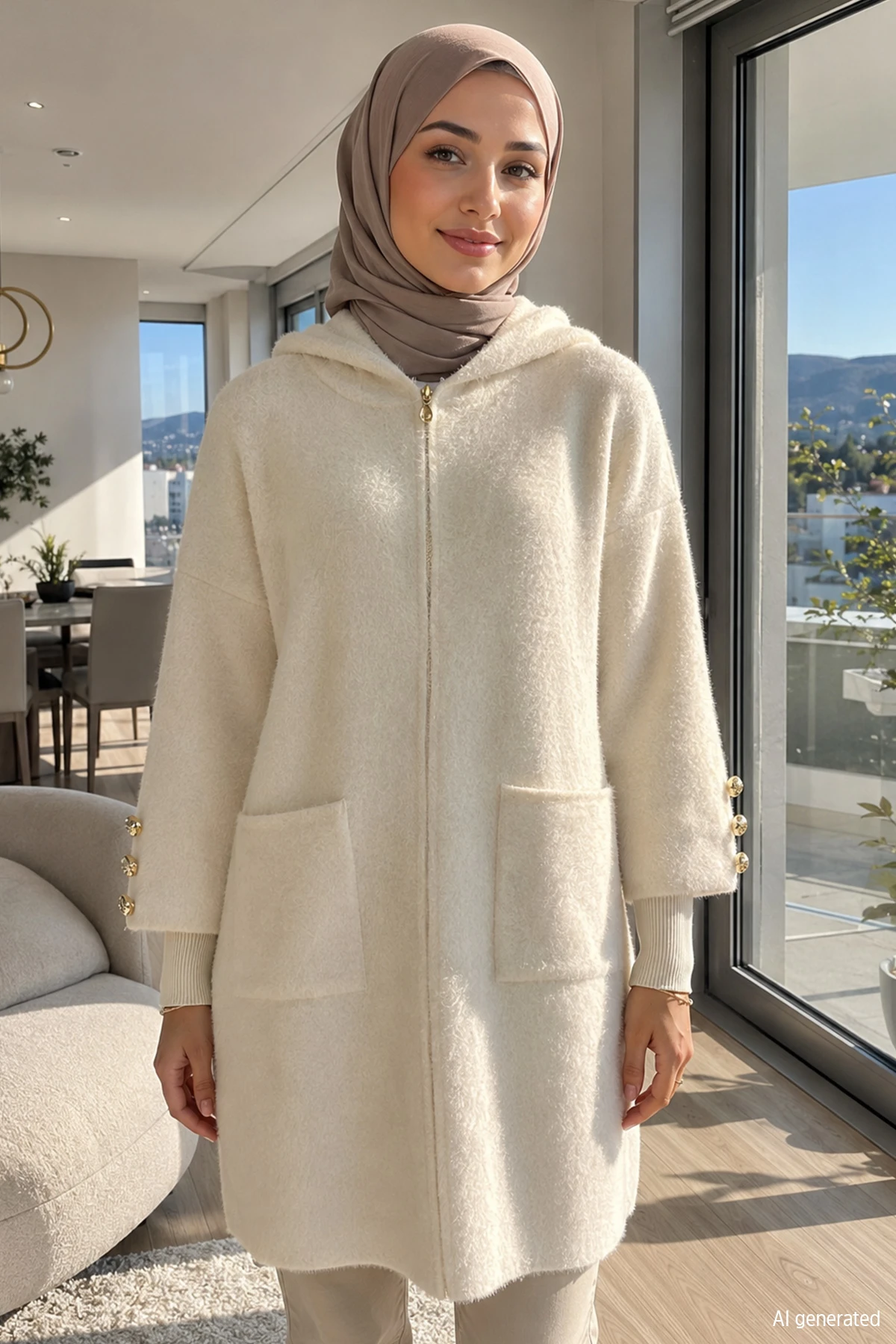 Kadın Kolu Düğmeli Fermuarlı Arkası Nakışlı Uzun Ceket