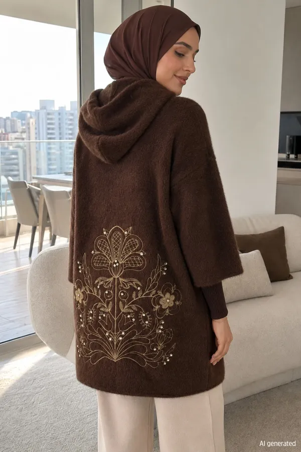 Kadın Kolu Düğmeli Fermuarlı Arkası Nakışlı Uzun Ceket