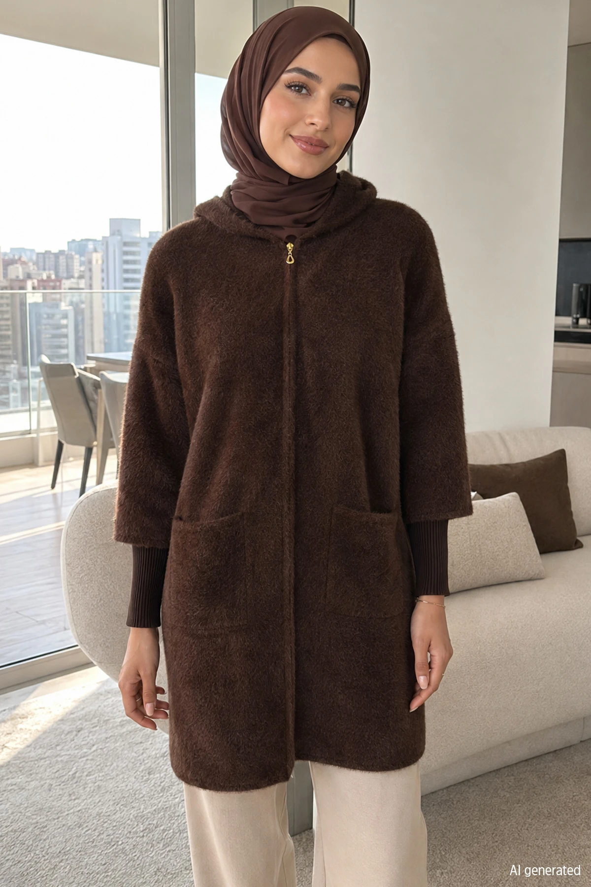 Kadın Kolu Düğmeli Fermuarlı Arkası Nakışlı Uzun Ceket