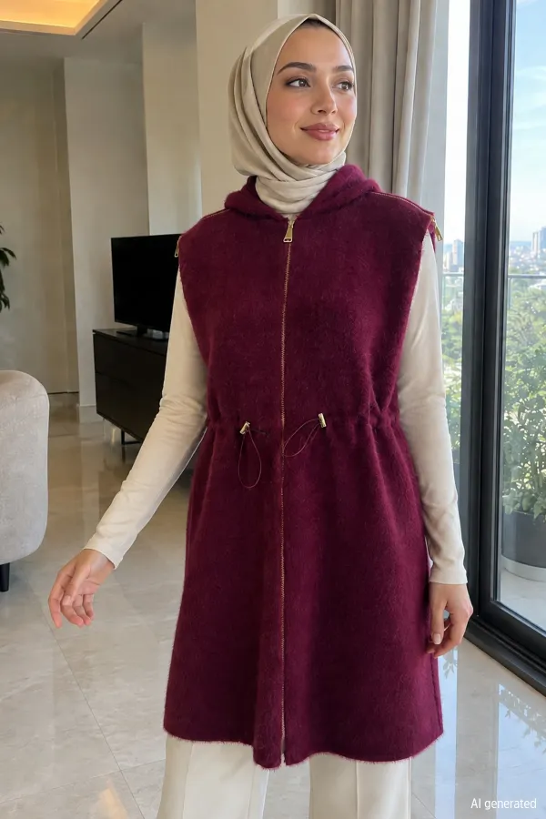 Kadın Omuzlu Fermuarlı Kapşonlu Yelek