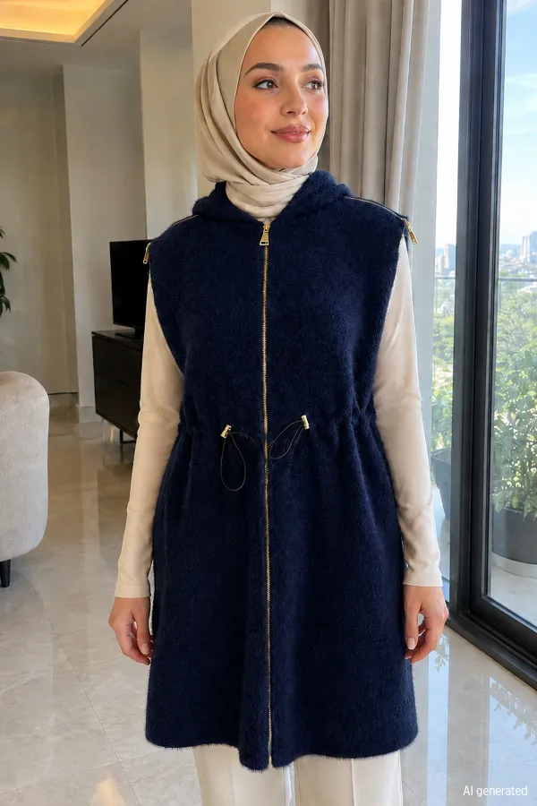 Kadın Omuzlu Fermuarlı Kapşonlu Yelek
