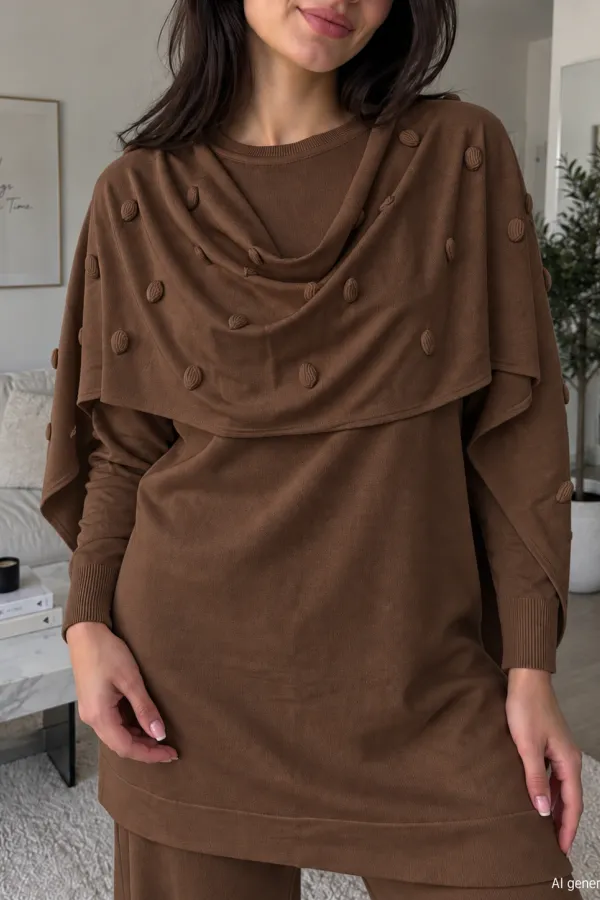 Kadın Top Desenli Pelerinli Takım