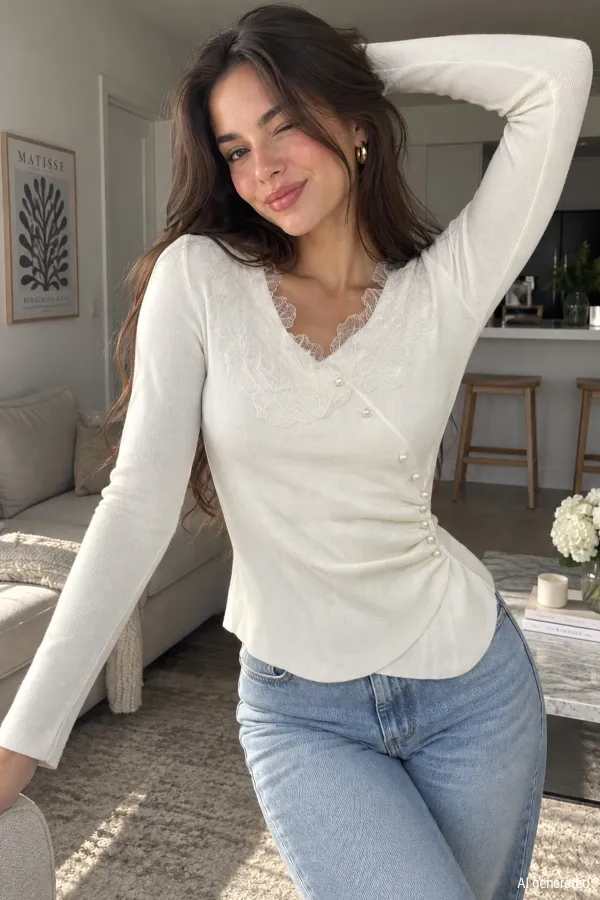 Kadın Yaka Dantelli Bluz