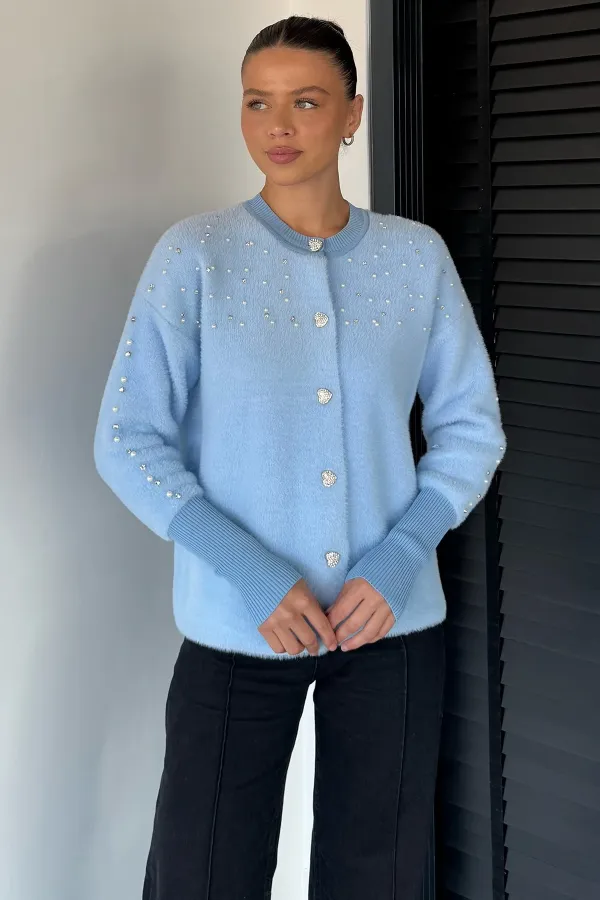 Kadın Omuzu Ve Kolu Taşlı Kalp Düğmeli Ceket