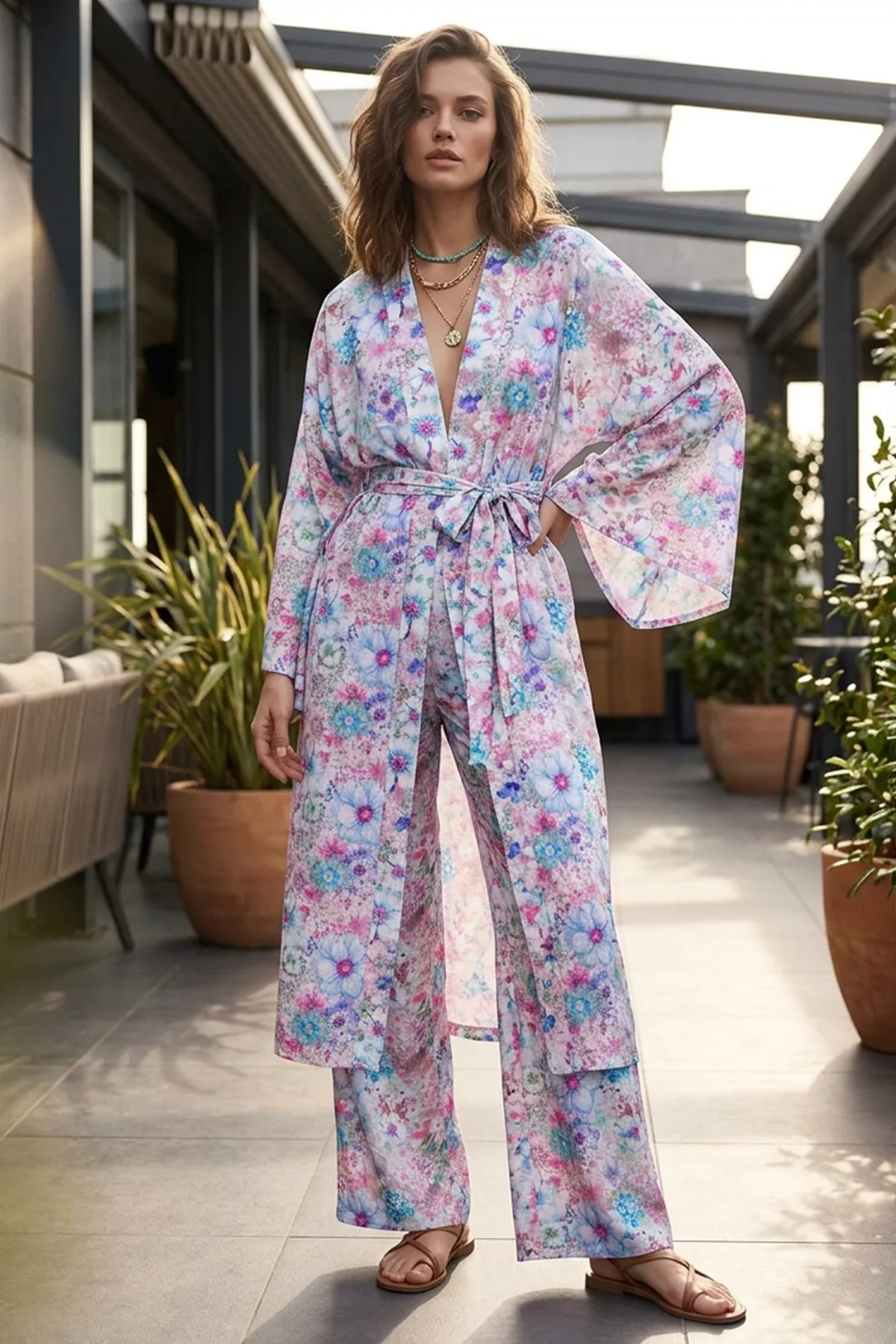 Kadın Çiçek Desenli Kimono Takım