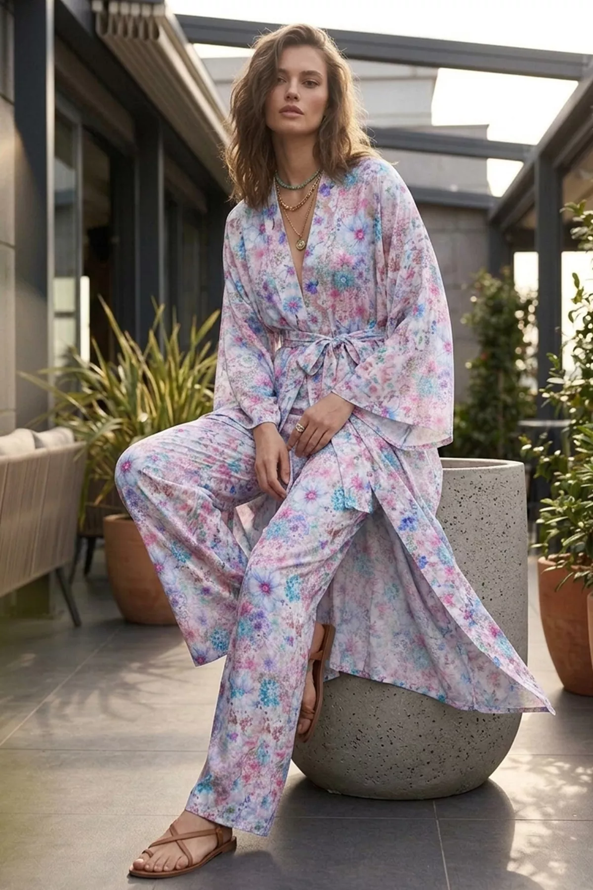 Kadın Çiçek Desenli Kimono Takım