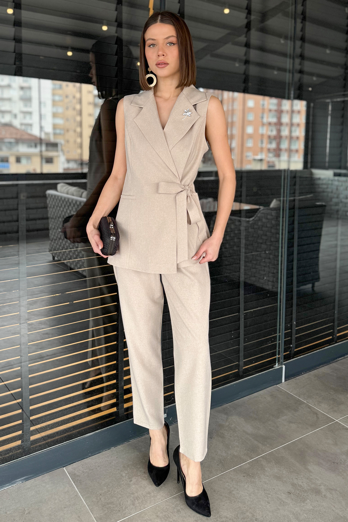 Kadın Yandan Bağlamalı Yelekli İkili Takım