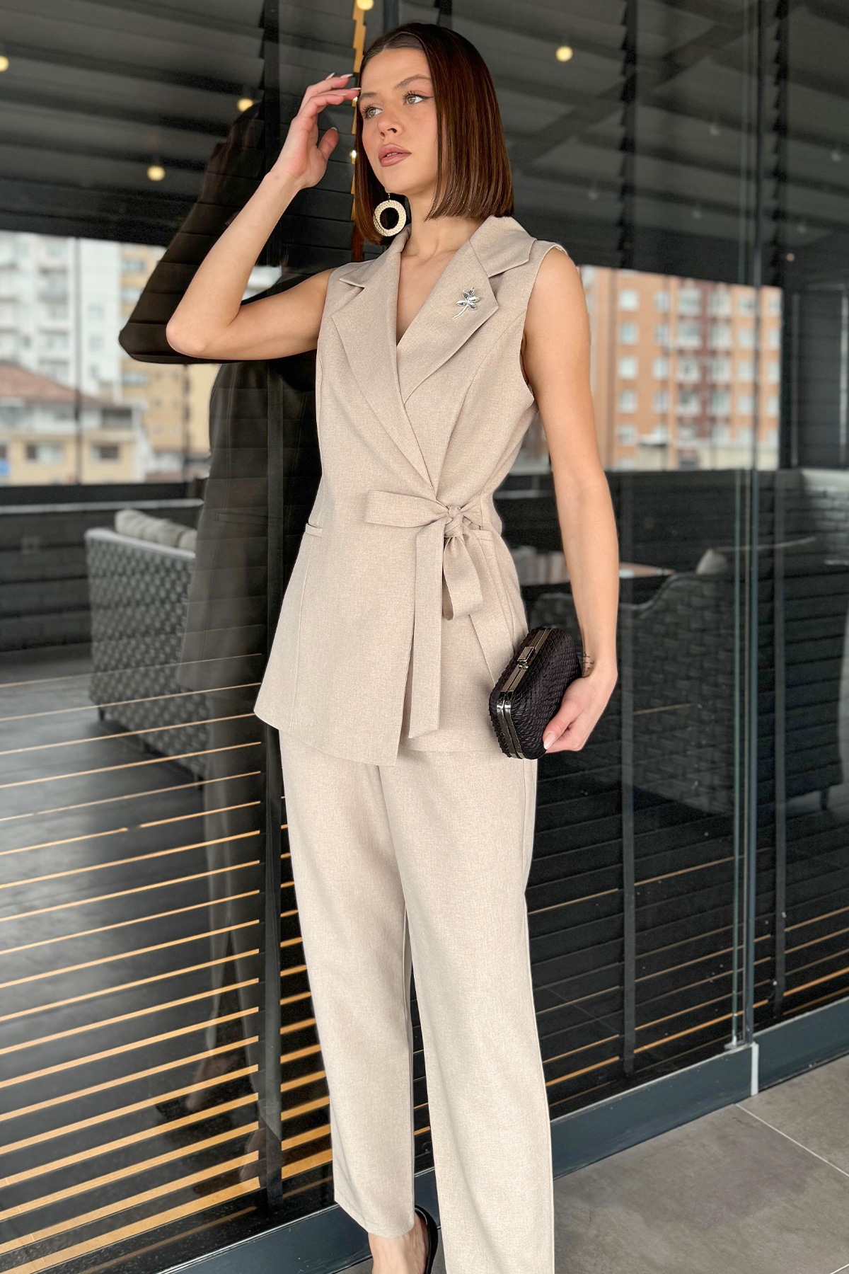 Kadın Yandan Bağlamalı Yelekli İkili Takım