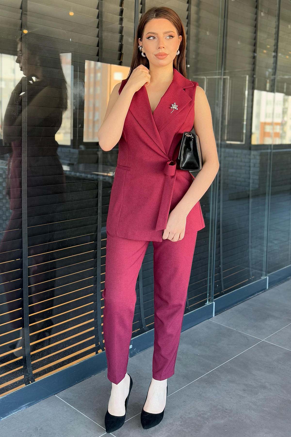 Kadın Yandan Bağlamalı Yelekli İkili Takım