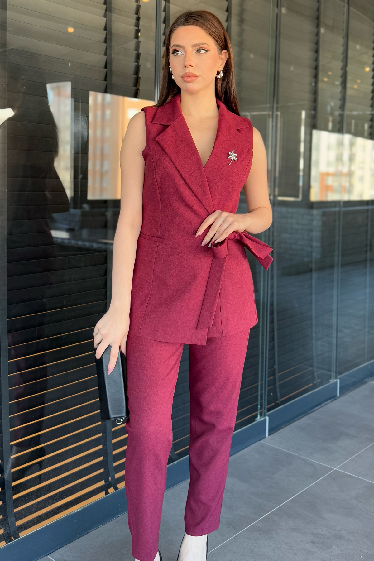 Kadın Yandan Bağlamalı Yelekli İkili Takım