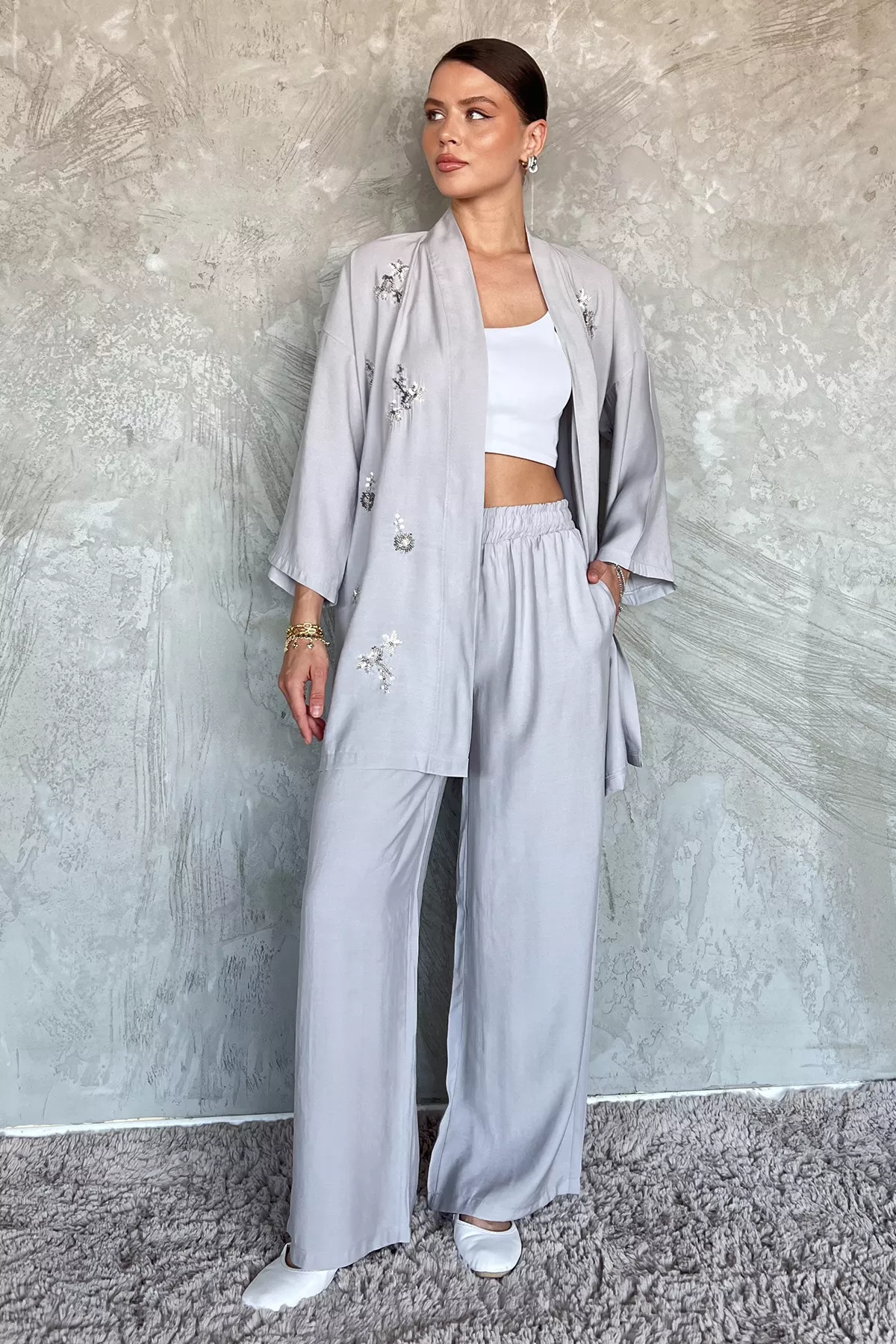 Kadın Taşlı Kimono Takım