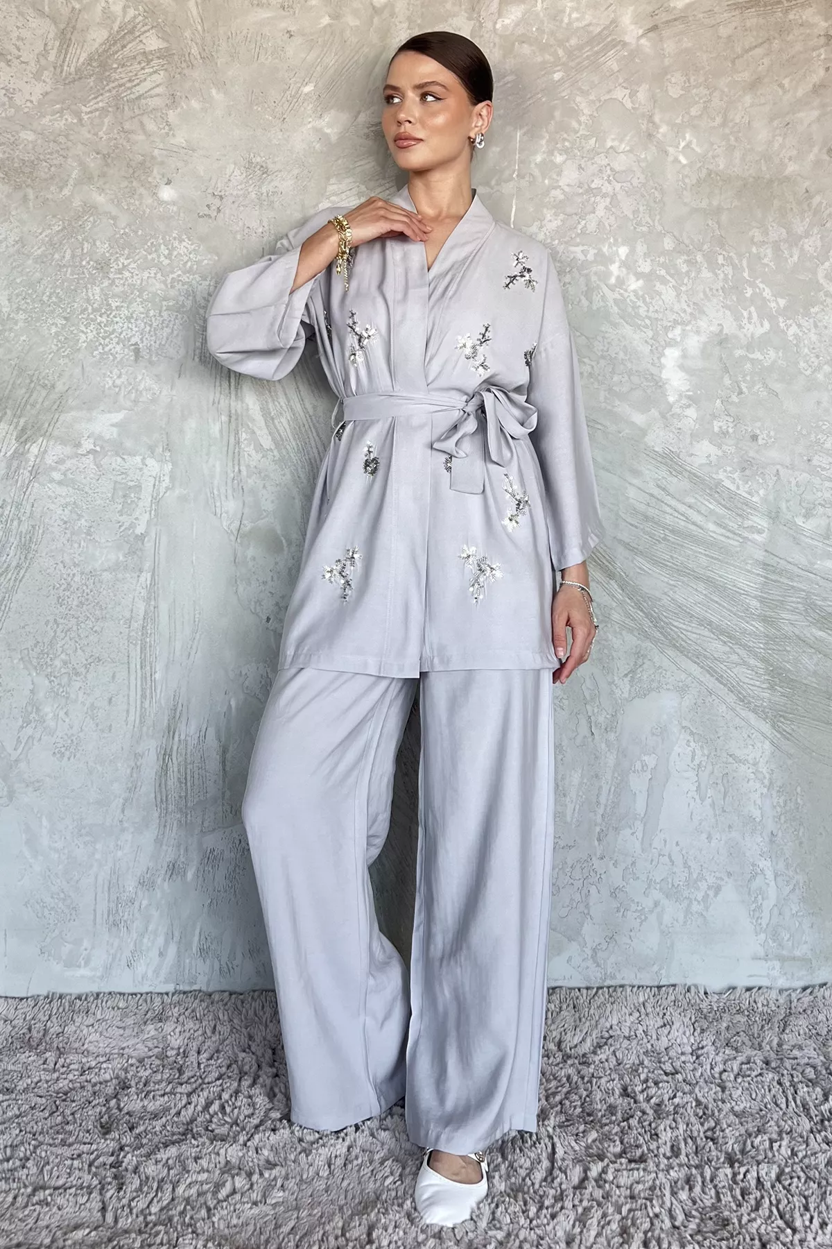 Kadın Taşlı Kimono Takım