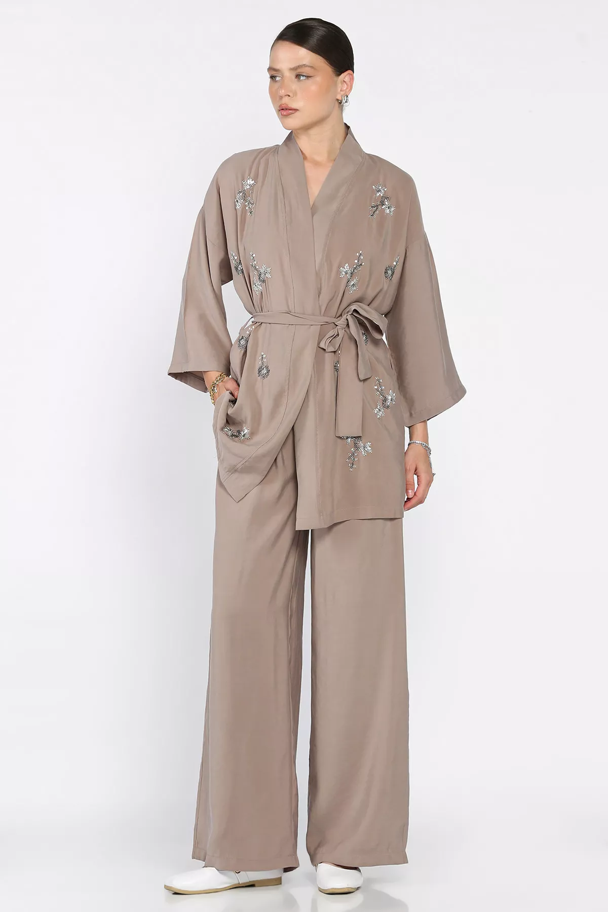 Kadın Taşlı Kimono Takım
