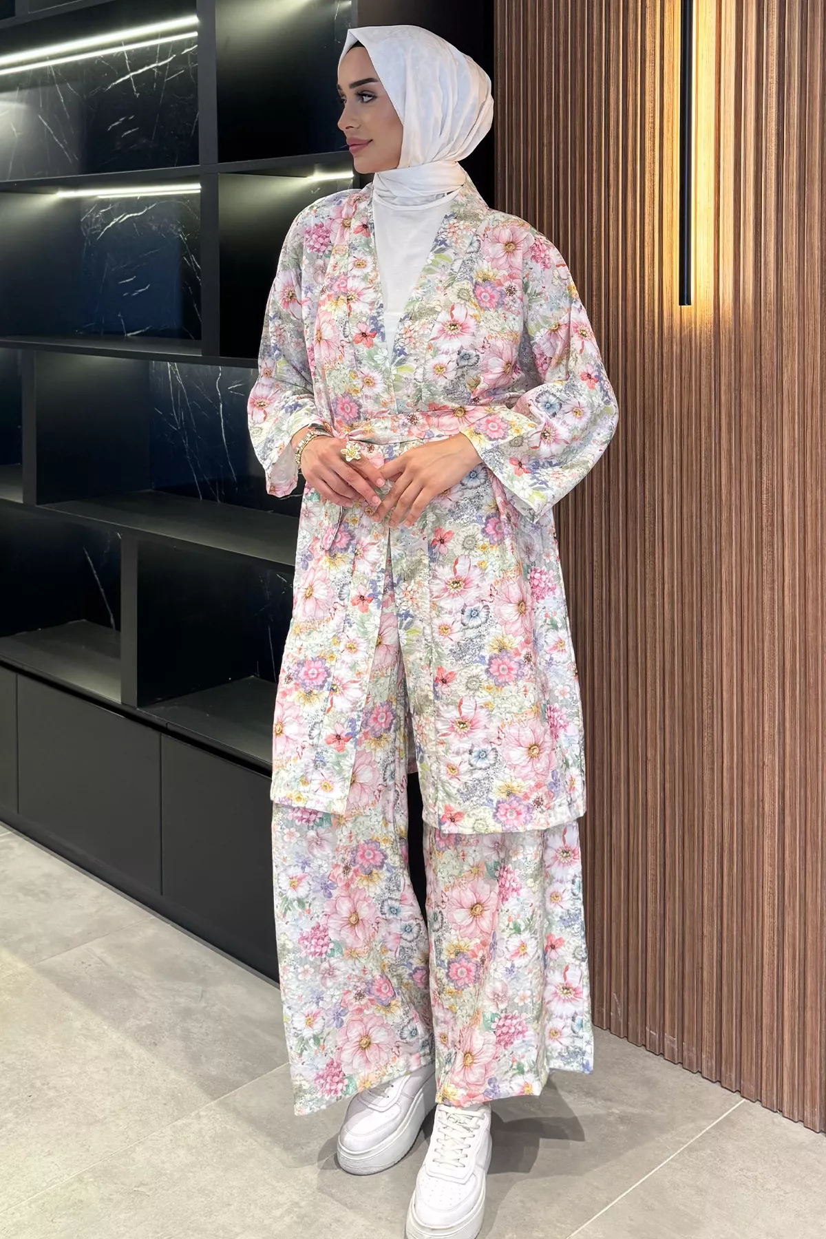 Kadın Çiçek Desenli Kimono Takım
