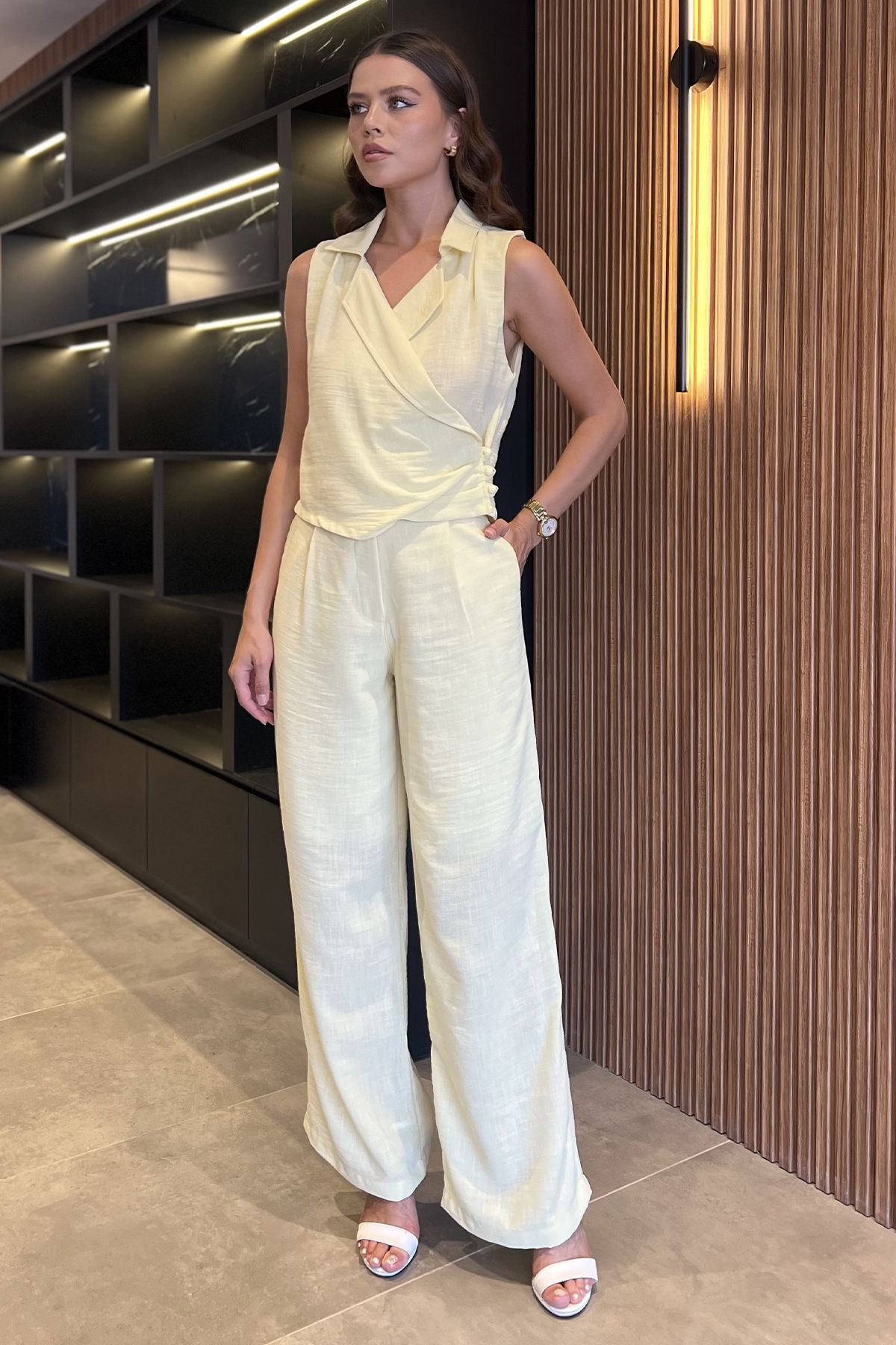 Kadın Kruvaze Yaka Yelek Ve Pantolon Takım