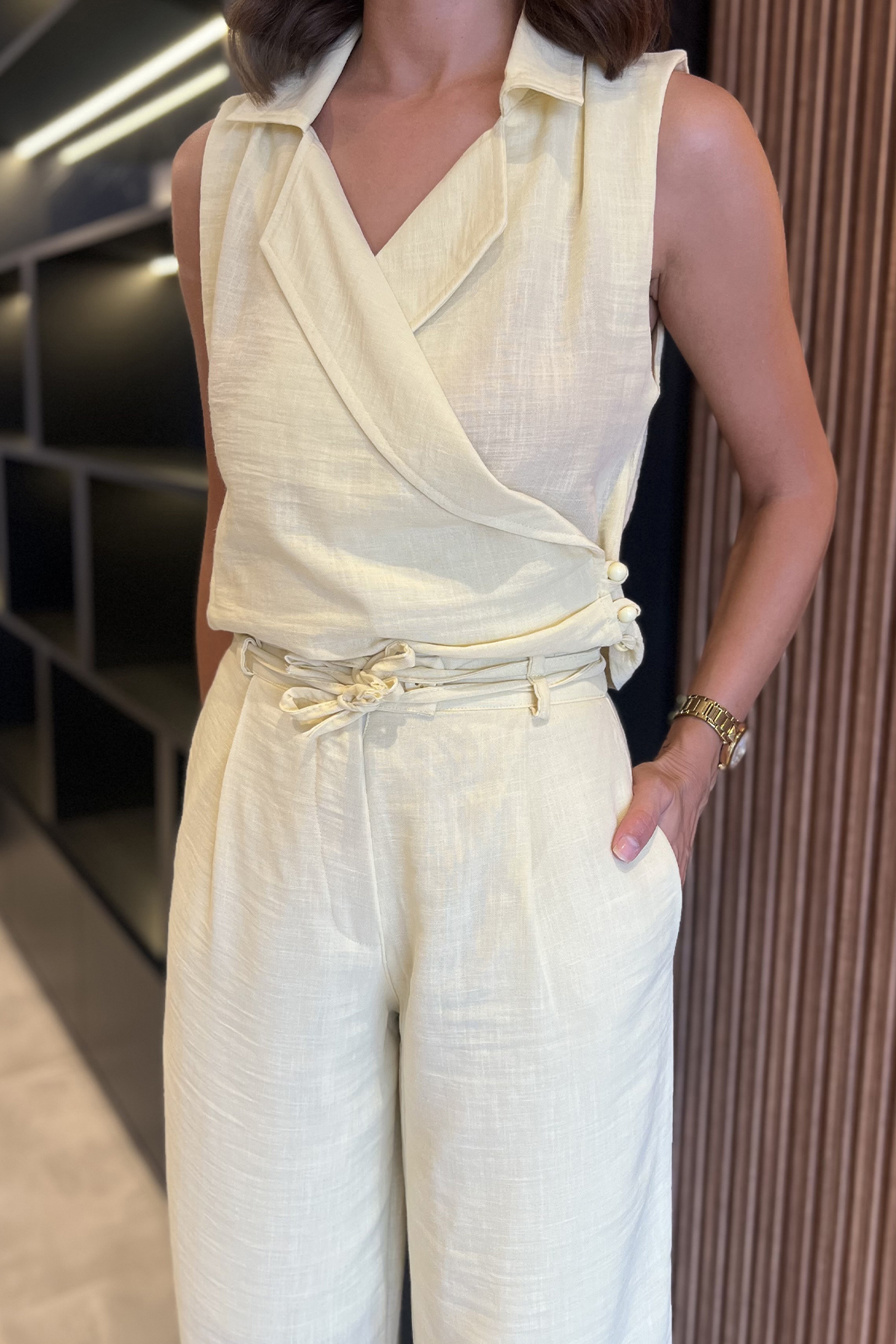 Kadın Kruvaze Yaka Yelek Ve Pantolon Takım