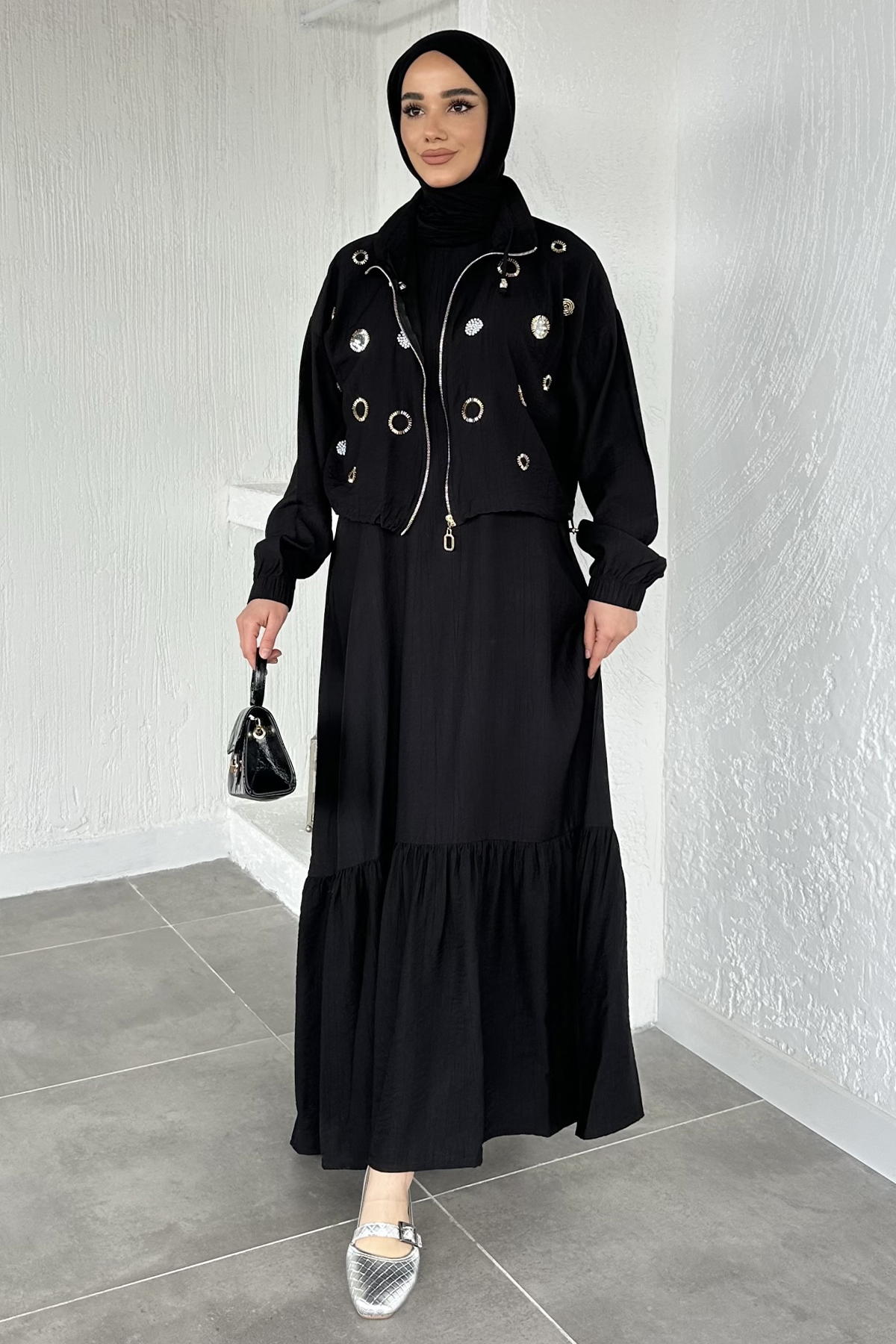 Kadın Ceketi Taşlı Elbise İkili Takım