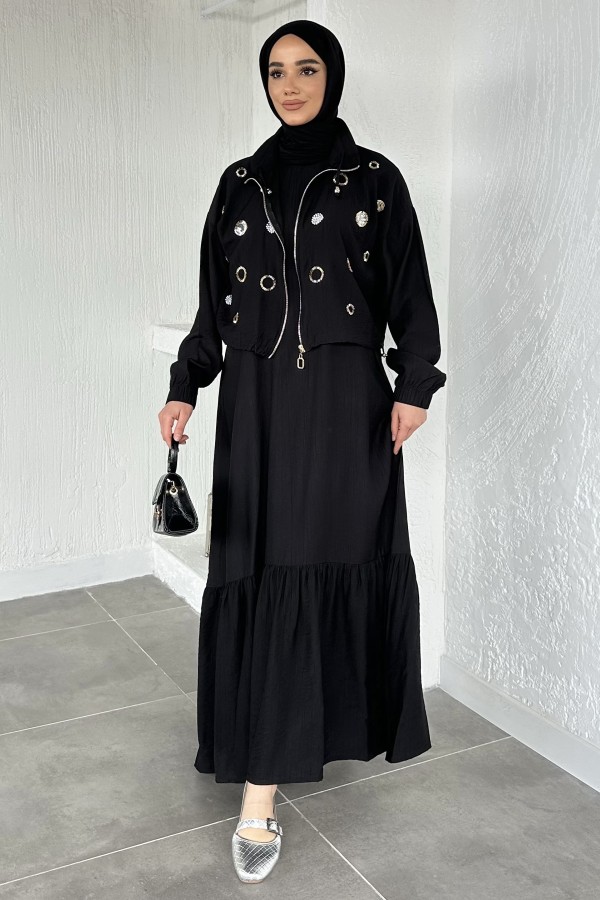 Kadın Ceketi Taşlı Elbise İkili Takım